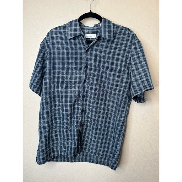 Michael Brandon Men's Blue Striped Shirt size Medium short sleeve collared - Picture 2 of 6